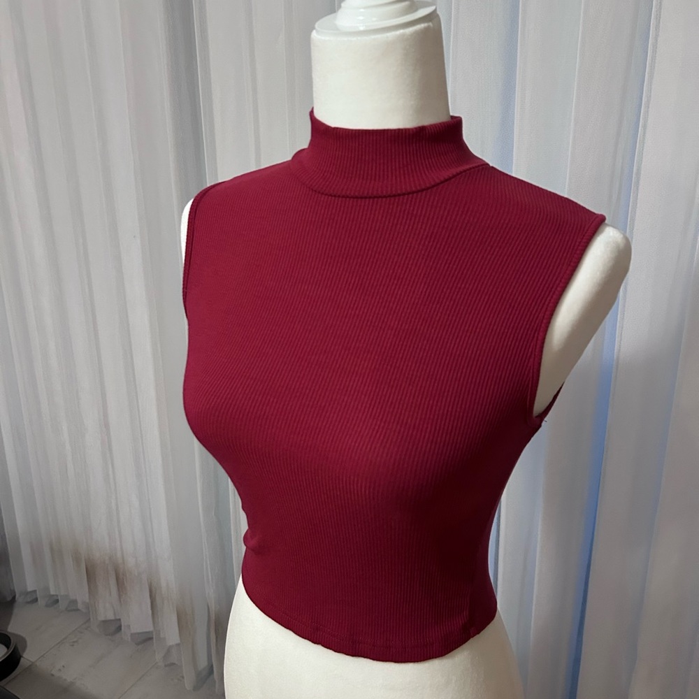 Sleeveless Mock Neck Ribbed Crop Top - Wine